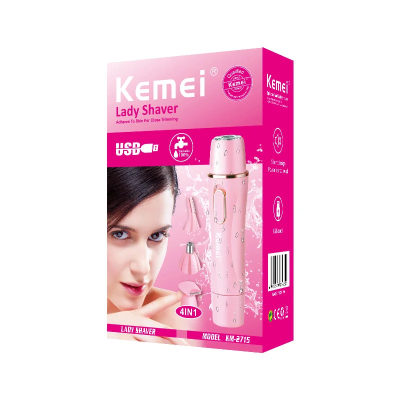 Kemei, 4 в 1, USB, триммер для волос в носу и ушах, машинка для стрижки волос, перезаряжаемая, для лица, моющаяся, для красоты, резак, очиститель для женщин
