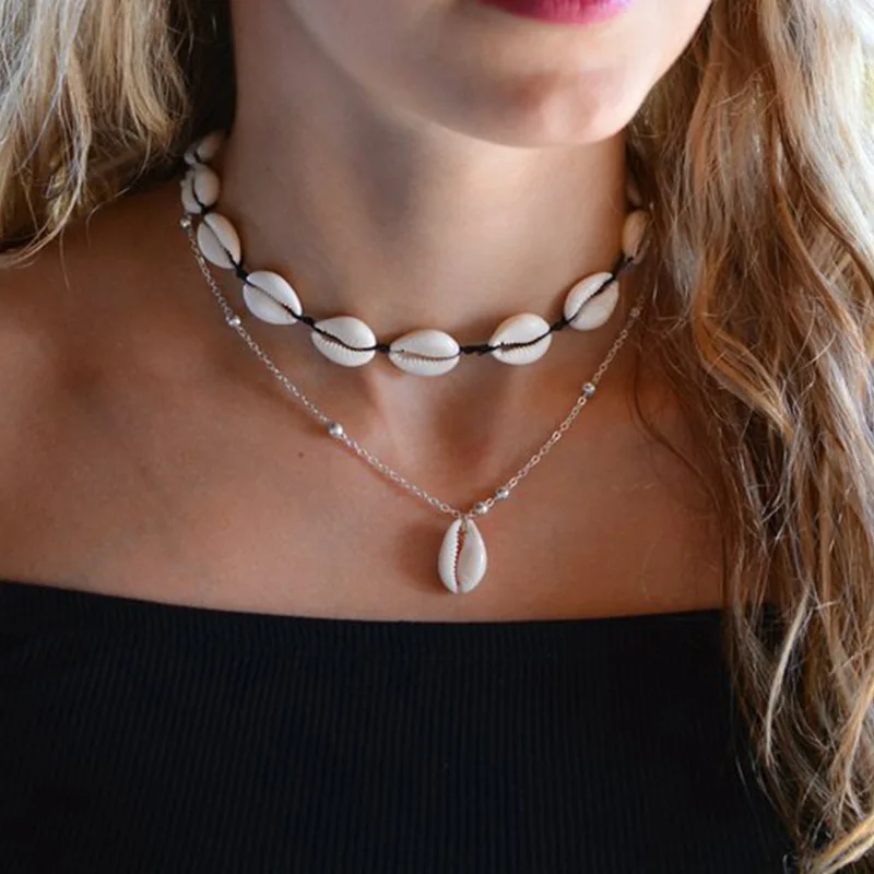 

Fashion Black Rope Chain Natural Seashell Choker Necklace Collar Necklace Shell Choker Necklace Summer Beach chocker jewelry