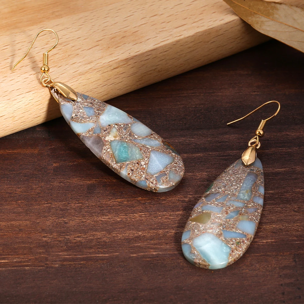 

Amazonite Waterdrop Natural Agalmatolite Stone Dangle Earrings Women Bohemain Simple Style Fish Hook Drop Earrings for irls