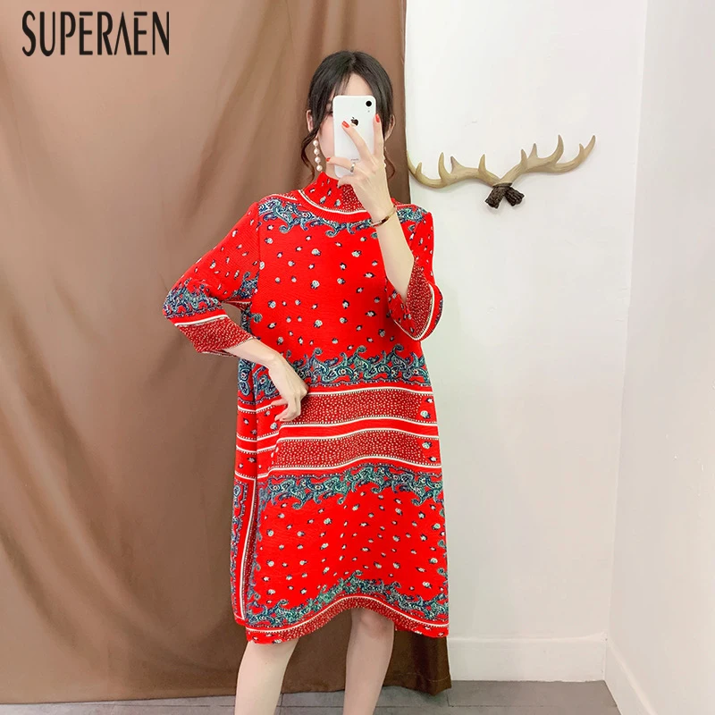 SuperAen/Европейское модное женское платье, Осеннее Новое однотонное женское платье свободного большого размера с рукавом три четверти, женская одежда