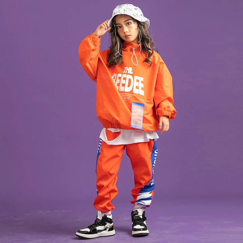 Children Hip Hop Dance Costumes Orange Jacket Hiphop Suit Girls