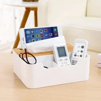 

Multi-functional Plastic Tissue Box with Bamboo Wooden Cover Phone Slot Home Kitchen Napkin Case Holder Storage Decoration