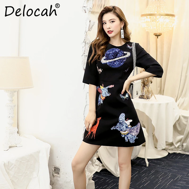 

Delocah Runway Fashion Summer Autumn Mini Short Dress Women's Half Sleeve Animal Printed Sequined Vintage Black A-Line Dresses