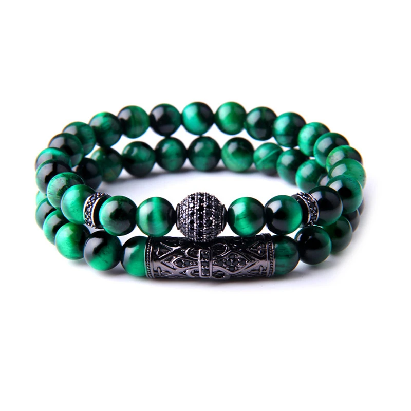 Billige 2 stücke frauen männer armband Blau Tigerauge Armbänder Natur Stein armbänder für frauen Männer paare Freundschaft Armbänder CZ perlen