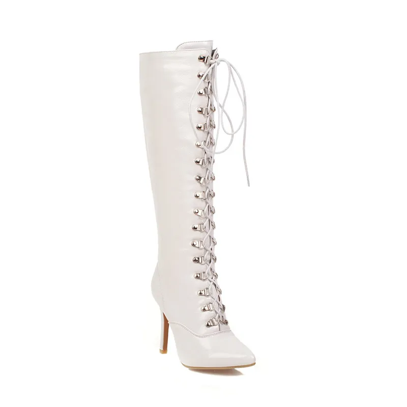 MORAZORA/женские сапоги до колена размера плюс 48 осенне-зимние сапоги на молнии с острым носком и перекрестной шнуровкой Женская Свадебная обувь на высоком каблуке