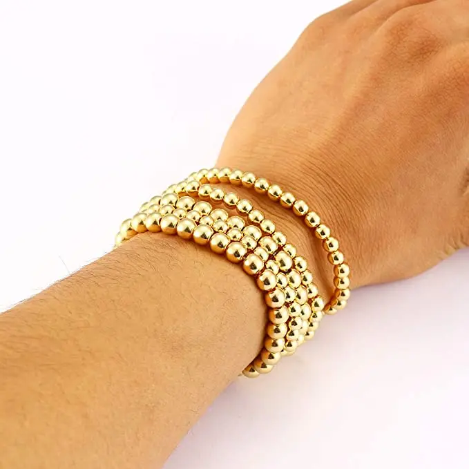 Beaded Bracelet 3 PCS/Set 4/5/6mm Stretch Bracelets Gold Balls Silver Color Jewelry Elastic Expandable Cord Rope For Women