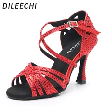 DILEECHI/женские вечерние туфли для танцев; Атласная блестящая обувь со стразами на мягкой подошве для латиноамериканских танцев; женская танцевальная обувь для сальсы; Красный Каблук 9 см