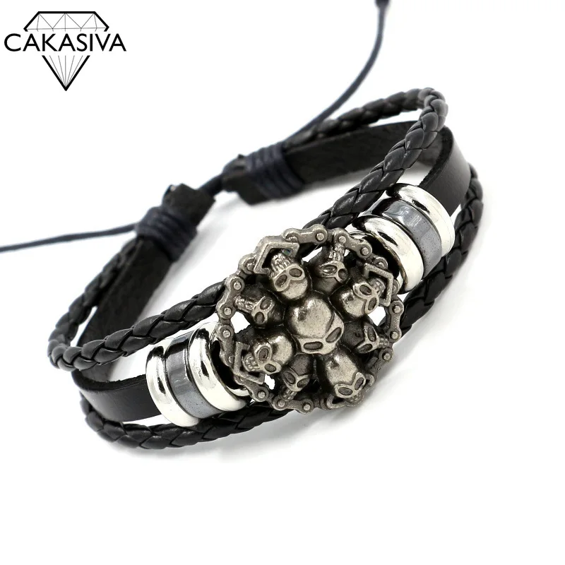 

Vintage Punk Style Studded Leather Bracelet 925 Silver Skull Beaded Hand-woven Leather Bracelet Jewelry for men and women