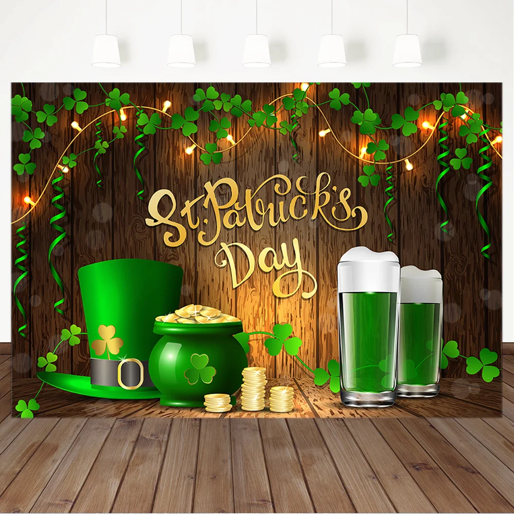 

St. Patricks Day Backdrop Irish Green Lucky Shamrock Photography Background Green Beer Mug Gold Wooden Photography Backdrops