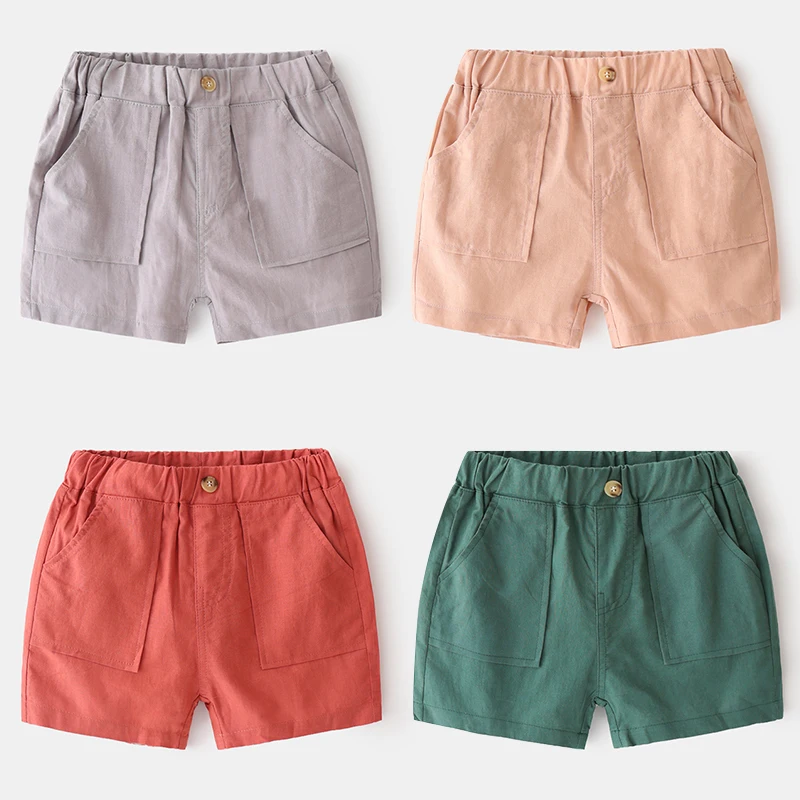 

Baby Beach Shorts Summer 2021 Kids Clothes Toddler Boy Elastic Pure Color Button Decoration Pants Cotton To-Knee LeisureTrousers