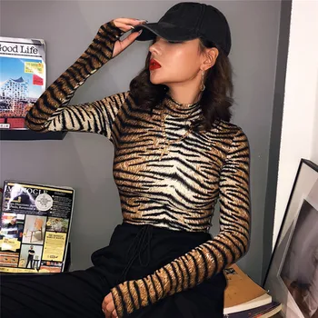 

Sexy Women Turtleneck Print Long Sleeve Stretch Bodysuit Tiger Skin Print Bodycon Bodysuit Top Blouse Bodysuit Fall Style Romper