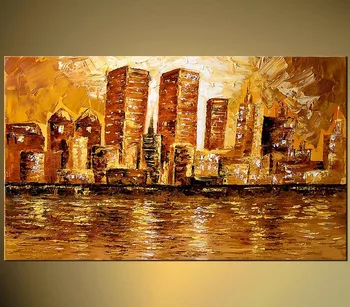 

Handmade Canvas Discount Palette Knife Textured Oil Painting New York City Skyline Twin Towers Modern Sofa Set Design Canvas Pai