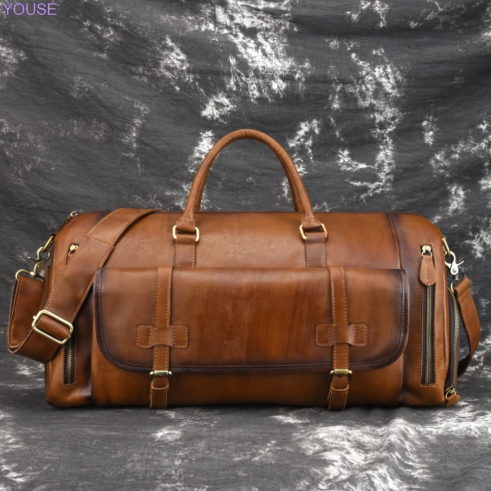 

Genuine Leather Men Hand Large Bag Retro First Layer Leather Bag Luggage Bag Large Capacity Rub Color Men's Bag 8036