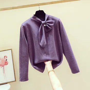 

2019 Autumn Winter Cardigan Shirt Women New Korean Bead Bow Collar Single-row Button Pure-color Knitted Shirt Coat