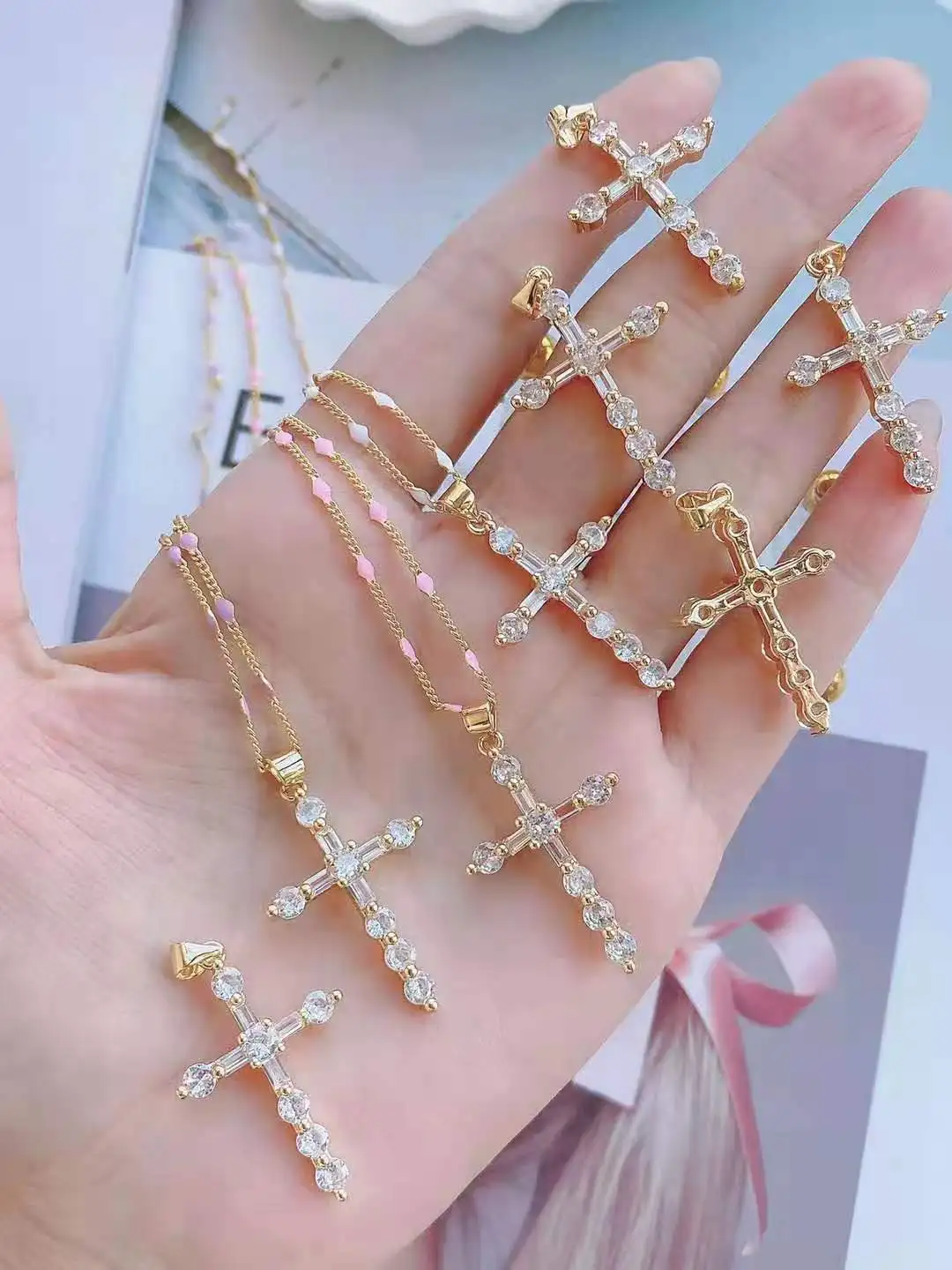 0PCS, Gold-color Crystal Cross Neck Pendants Dainty Zircon Charms Pendant Handmade Accessories Wholesale Supplies