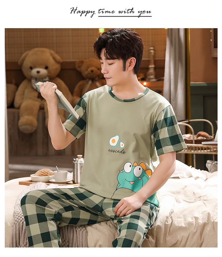 Summer Knitted Cotton Cartoon Mens Pyjamas Pajamas Casual Short Sleeve Long Pants Sets Men's Sleep Lounge Night Pijamas 4XL Home men's silk pajamas