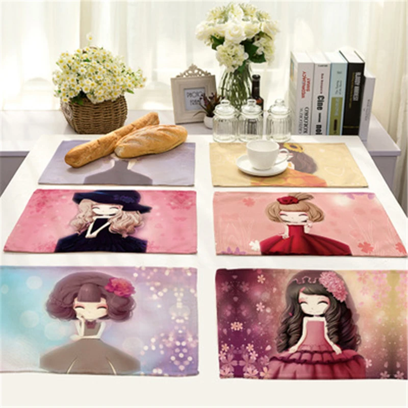 

Nordic Wind Modern Fashion Lovely Flower Girl Series Printed Cotton Linen Western Food Mat 42 x 32 cm