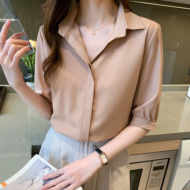 Blue Chiffon Blouse Women Polo neck 