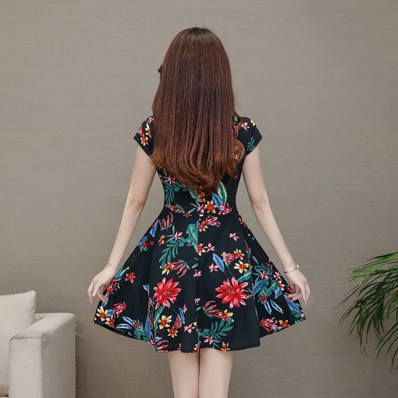 

2019 Summer New Style Mid-length Middle-aged Women Dress Floral-Print Middle-aged Large Size Dress Short Sleeve Printed Base A-