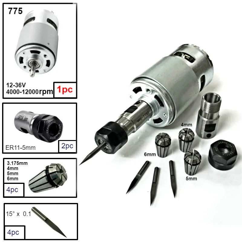 

775 DC Motor 12-36V 4000-12000 RPM Ball Bearing Spindle Motor with ER11 Extension Rod Carving Knife for CNC 1610/ 2417/ 3018