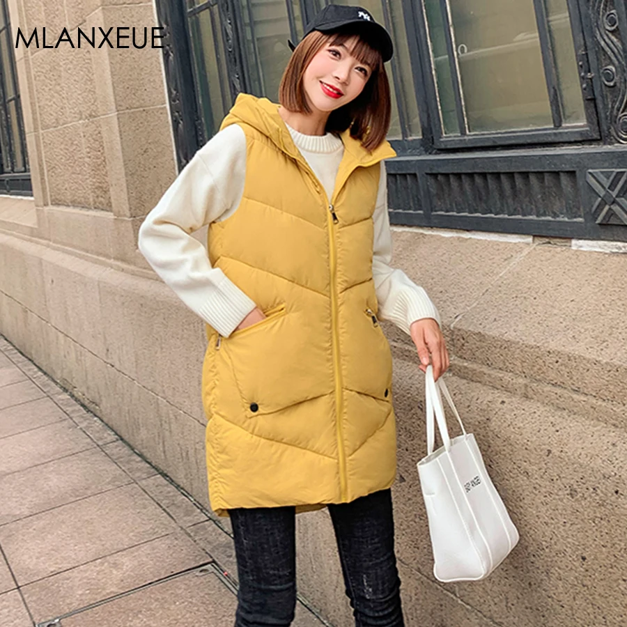 

Fashion Winter Long Vest Women Retro Sleeveless Gilet Jacket Female Plus Size Solid Hooded Autumn Coat Korean Zipper Vest Ladies