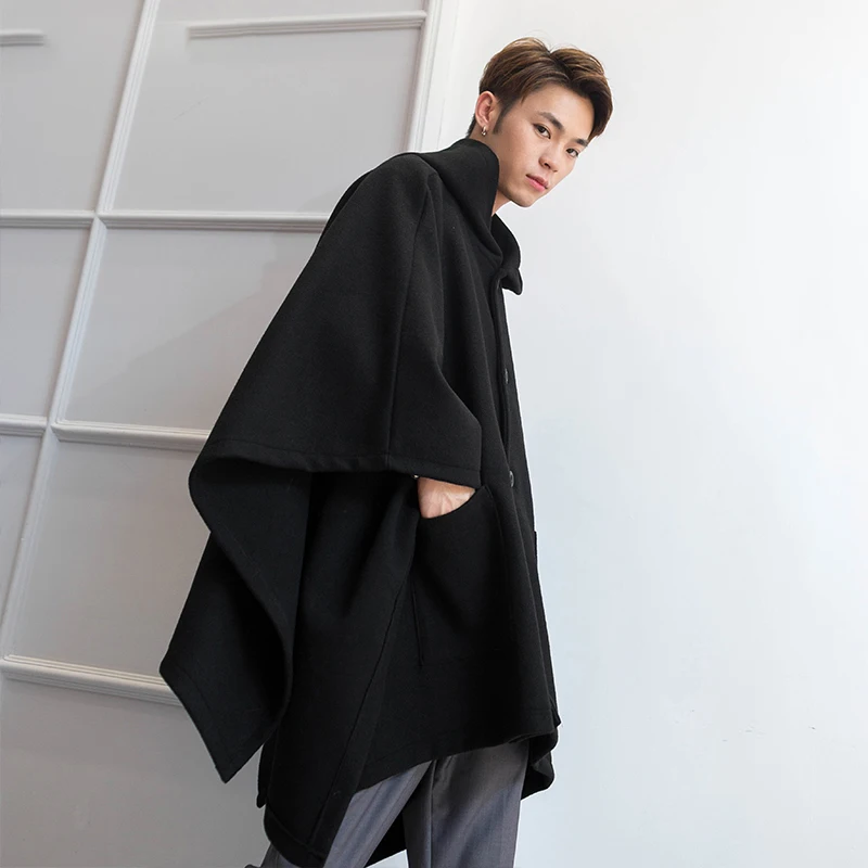 Loose mid-length single-breasted autumn and winter woolen coat hooded cloak coat male dark shawl cloak hip hop