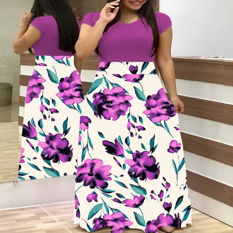 LOSSKY Plus Size Women's Summer Print Stitching Flower Casual Long Dress 2019 Vestido Bodycon Elegant Sexy Lady Maxi Dress Women