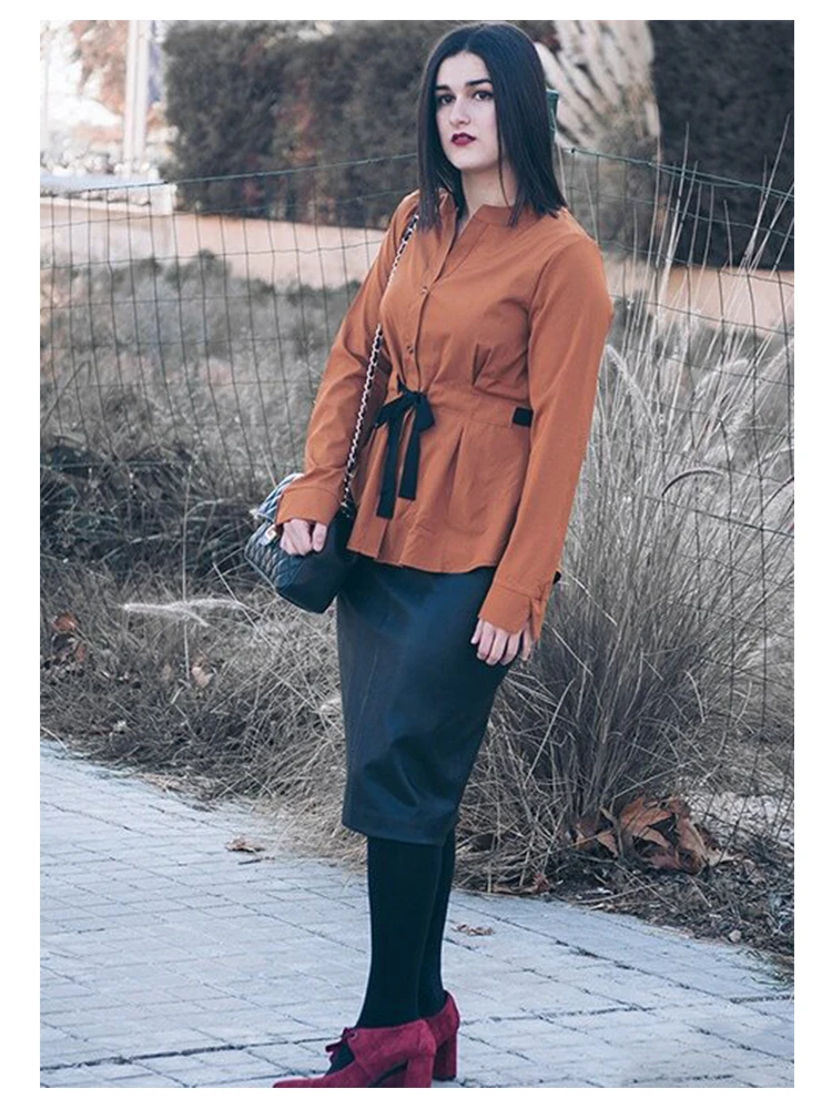  Dotfashion Camel Drawstring Waist Solid Blouse Womens Tops And Blouses Long Sleeve V Neck 2019 Autu