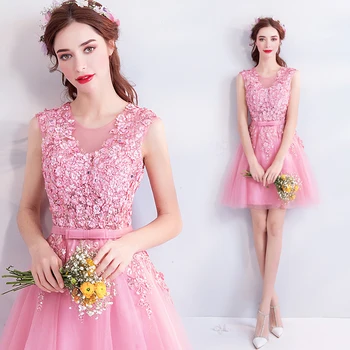 

Pink Ball Gown Tulle Lace Crystal Diamond Flowers Sexy Short Evening Dresses 2020 Evening Gown Robe De Soiree SK29