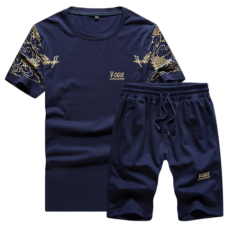 Мужской спортивный костюм, новинка, летний комплект из двух предметов, Мужская футболка с коротким рукавом, укороченный топ+ шорты, мужская спортивная одежда, комплекты с шортами, верхняя одежда - Цвет: Blue TZ39