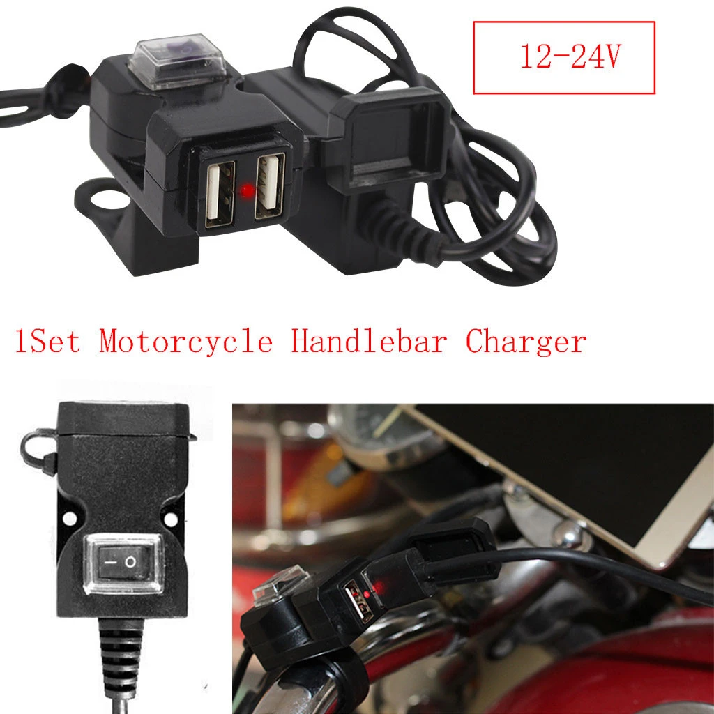 12V Motorcycle Handlebar Dual USB Charger Socket w/ Switch & Mounts Waterproof 12V Motorcycle Handlebar Dual USB Charger Socket w/ Switch & Mounts Waterproof
