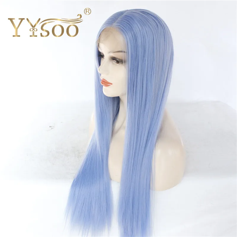 Sintéticas da Parte Dianteira do Laço Peruca de Fibra Resistente ao Calor Yysoo Longa Seda Reta Natural Linha Fina Luz Azul Perucas Meninas Uso Diário 13x4 6 Apliques e perucas