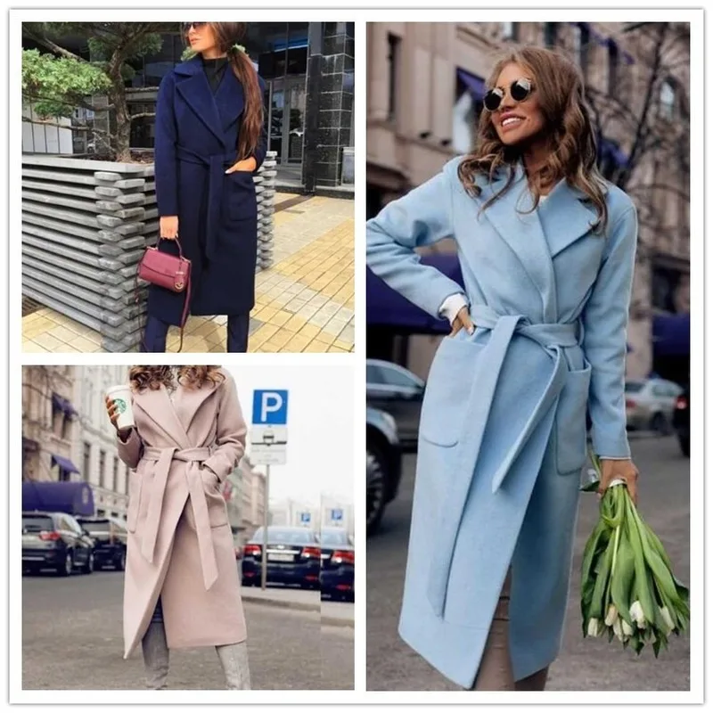 

Wool Coats Women Plus Size Loose Warm Wool Blends Long Winter Coat Turn-down Collar Adjustable Belt Office Work Wear Elegant