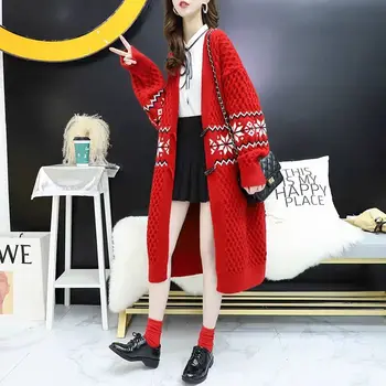 

Autumn Women's Fashion Solid Color V-neck Loose Long Over Knee Knitted Cardigan Coat