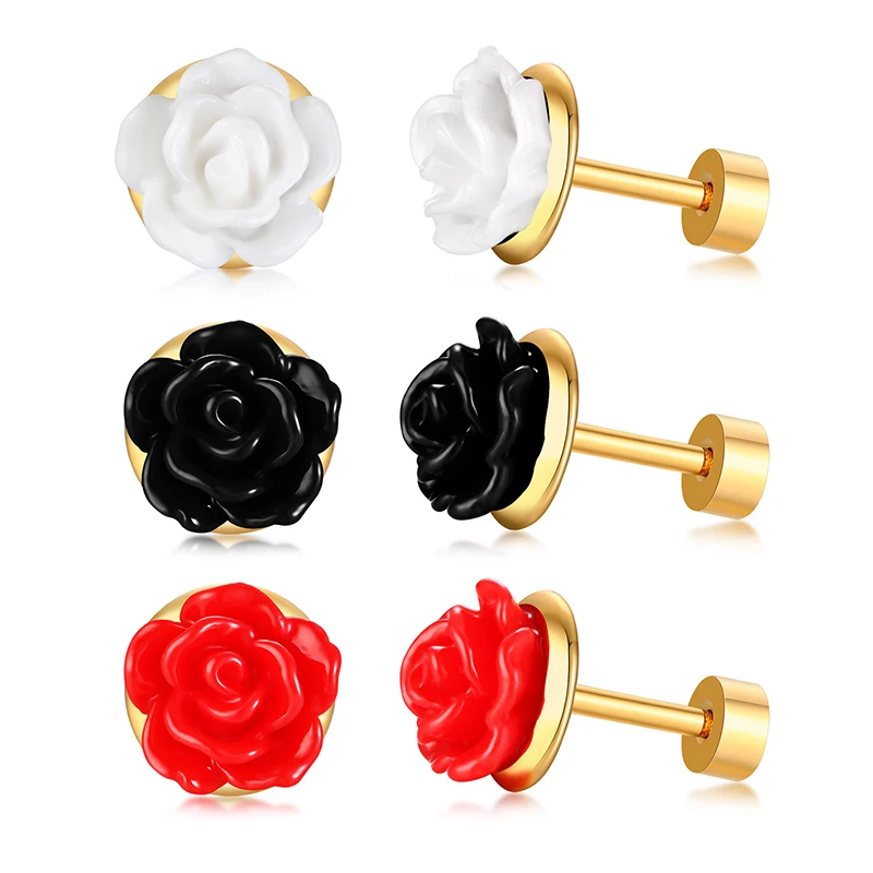 

Seanuo Gold Wedding Rose Stud Earrings for Women Acrylic Flower Gold Tone Stainless Steel Pin Screw Back Brincos Ear Accessory