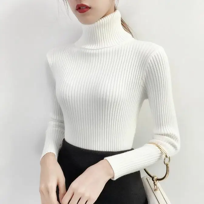 Корейский зимний женский свитер ins, длинный рукав, эластичная вязка, большой размер, S-3XL, новинка, водолазка, сплошной цвет, длинный рукав, Повседневный свитер - Цвет: white