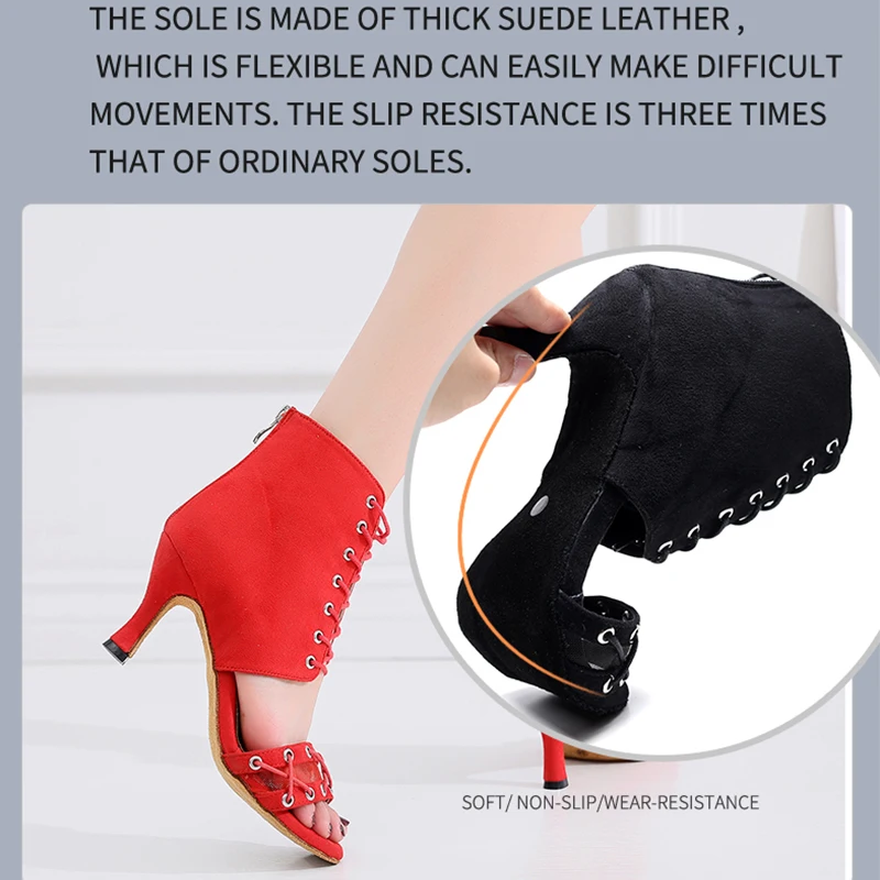 Women Flannel Latin Ballroom Dance Shoes Black Red Soft Bottom Salsa Shoes Woman High Heel Ankle Practice Dance Boots For Girls