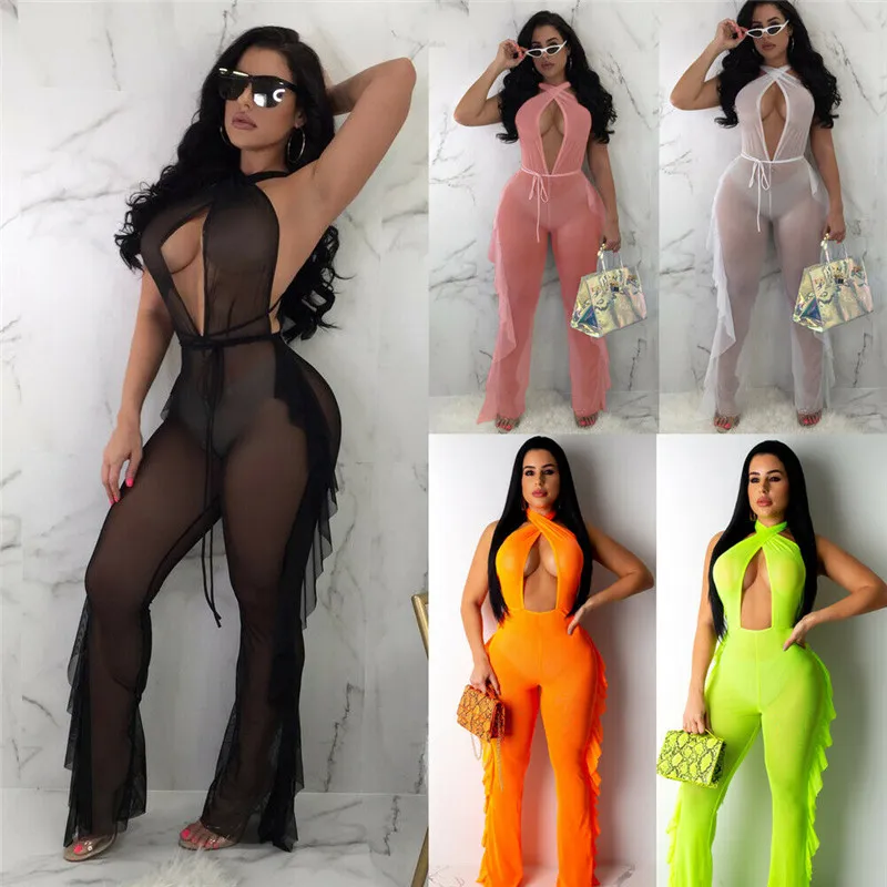 

Women Sexy Off Shoulder Mesh See Through Bikini Cover Ups Hollow Out Ruffles Jumpsuit Romper Wide Leg Trouser Clubwear Cover Ups