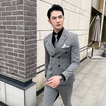 

Gzdeerax Men Suit 3-piece Luxury Double-breasted Stripes Mens Suits Wedding Groom Fashion Slim Fit Korean Mens Suits With Pants
