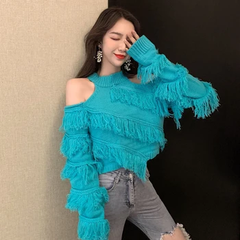 

Tassel Knitted Women Sweater Spring Autumn Loose Jumper Fashion One Shoulder sexy sweaters for women Pullover Femme Pull SW02