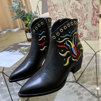

Genuine Leather Luxury Brand Women Embroidery Boots Shoes Runway Black Studed Chunky High heels Cowboy Boots zapatos de mujer