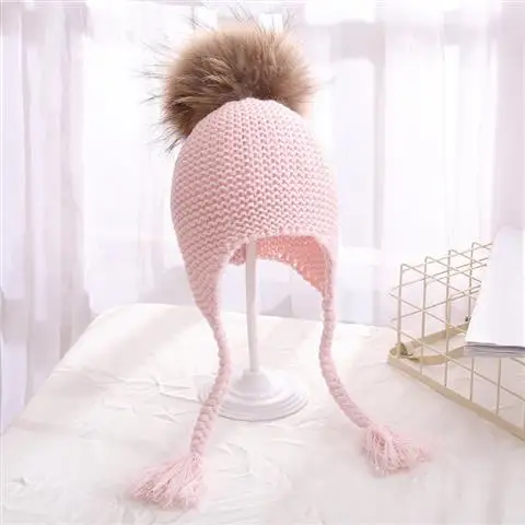 PINK 3-36 Months Осенне-зимняя теплая шапка для младенца из натурального меха енота вязаный детский чепчик накладки наушников-капель детская шапка для мальчиков и девочек помпоны вязаные шапочки - Цвет: PINK 3-36 Months