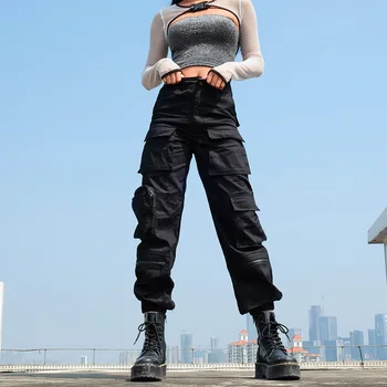 

Super Cool Army Style Cotton Women's Black Cargo Pants Irregular High Waist Multi-Pockets Casual Trousers Harem Pants