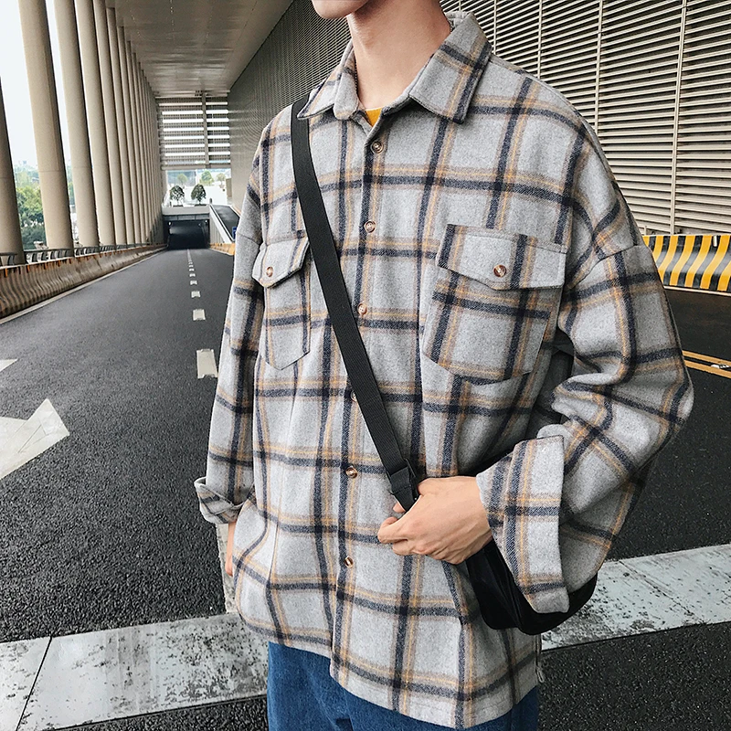 Privathinker Для мужчин s Harajuku рубашка в полоску шерстяные куртки Для мужчин карманы куртки мужской Повседневное толстые теплые Winderbreak зимняя одежда в Корейском стиле - Цвет: LightGray(AsianSize)