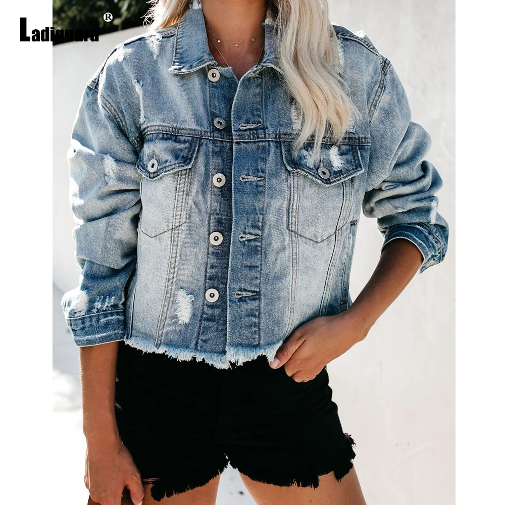 Ladiguard 2024 Single Breasted Top Demin Jackets Girls Streetwear Sexy Fashion Ripped Jean Coats Women Lepal Collar Denim Jacket ladiguard women pencil denim pants sexy women s jeans boyfriend skinny trouser high cut vintage demin pants vaqueros mujer 2022