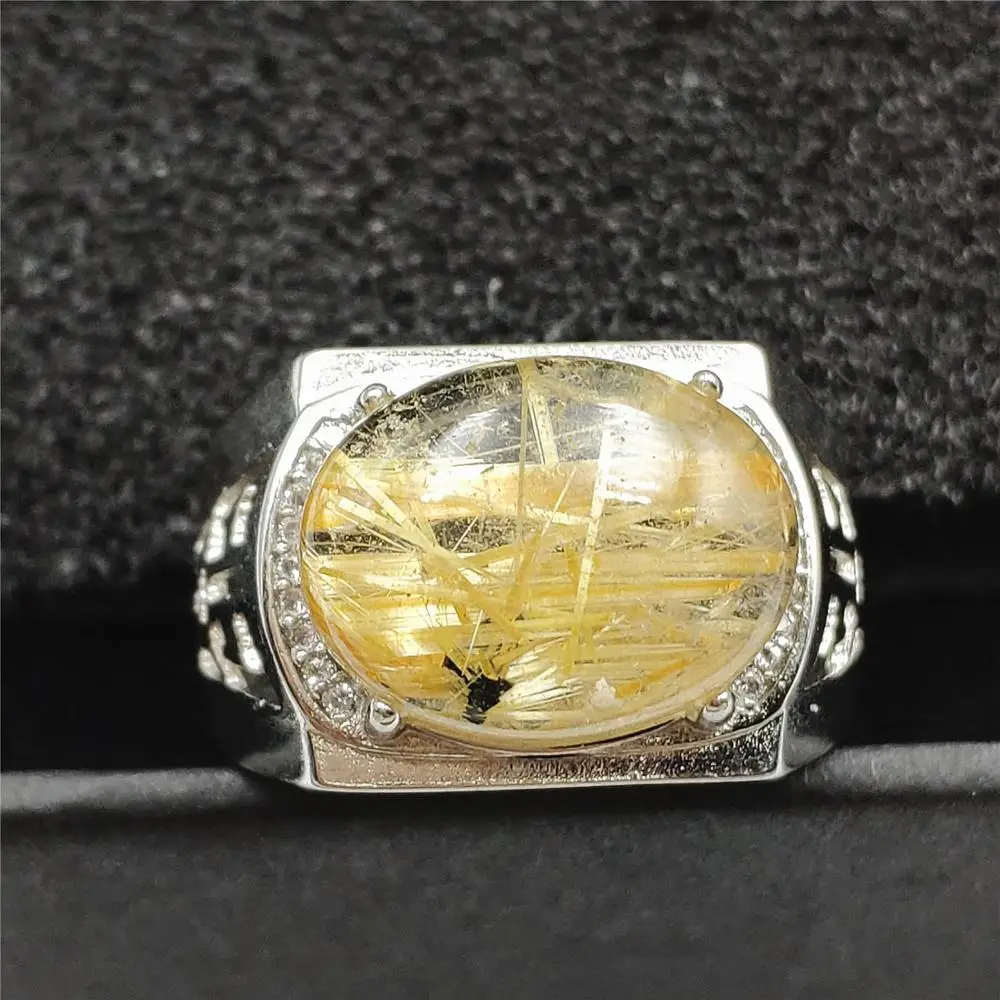 

Genuine Natural Gold Rutilated Quartz Adjustable Ring 15x12mm Crystal Oval 925 Sterling Silver Wealthy Stone Ring AAAAAA