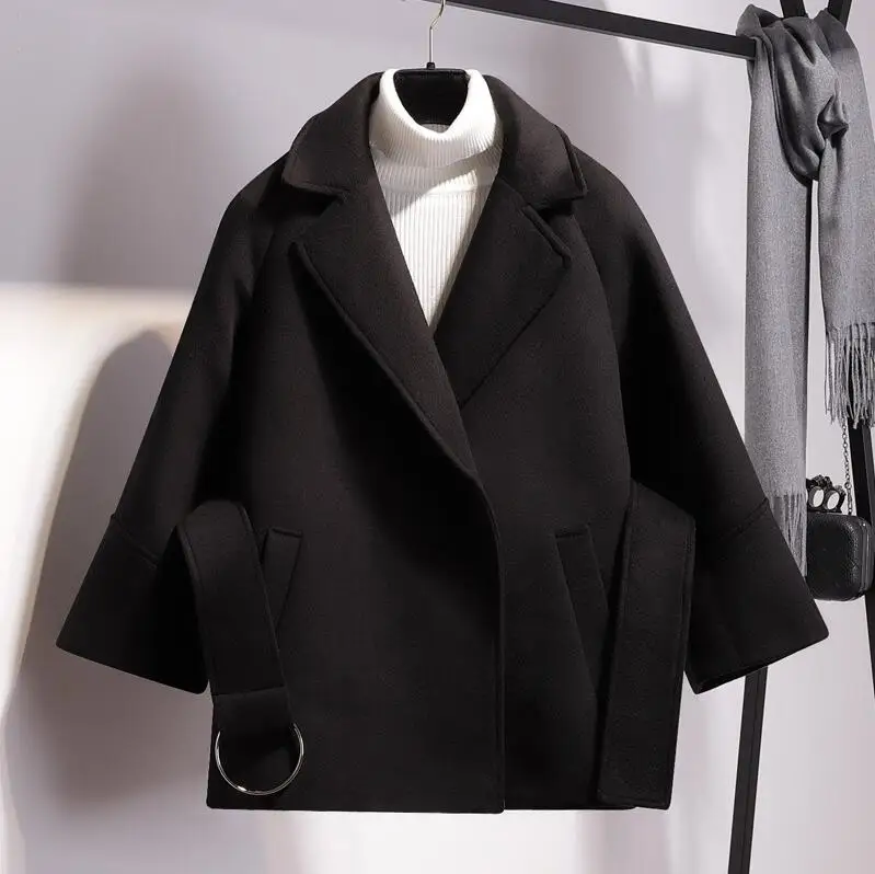 Женское Короткое шерстяное пальто с поясом куртка - Цвет: black