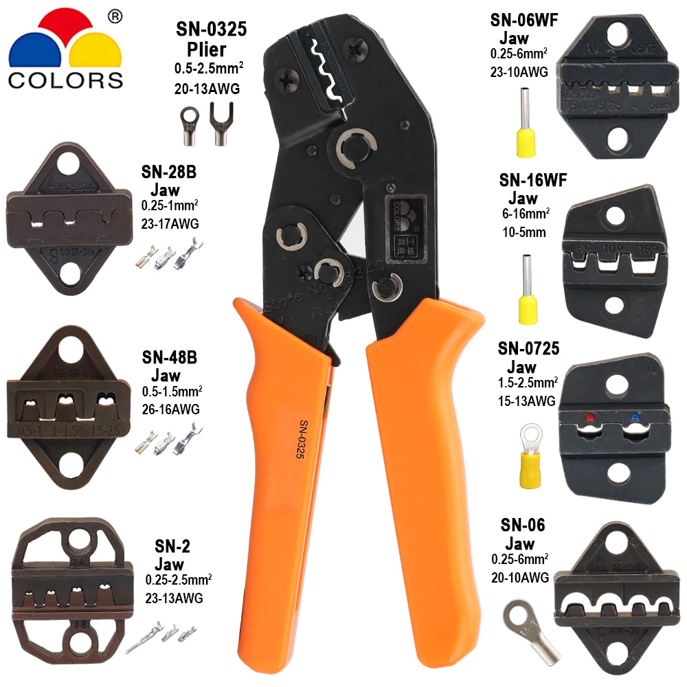 SN-0325 Crimping Plier 0.25-2.5mm2 Non-Insulated Terminals 190mm Ratchet Clamp Pliers 20-13AWG Crimper Jaw Set Tools | Инструменты