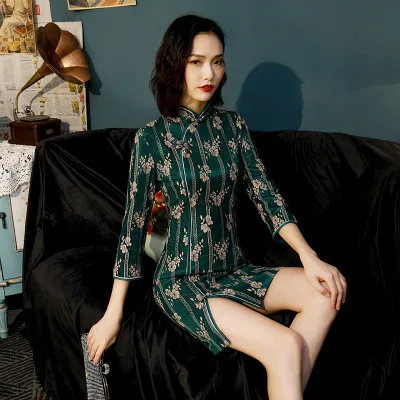 Sheng Coco сексуальное платье Чонсам с кружевами, современное китайское платье Qipao, женская одежда, восточные платья с принтом, зеленый Мини-Ципао - Цвет: green champagne