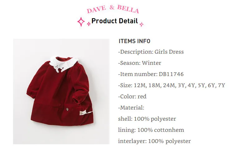 DB11746 dave bella/зимнее однотонное платье принцессы с милым кроликом для маленьких девочек детское модное праздничное платье детская одежда в стиле «лолита»